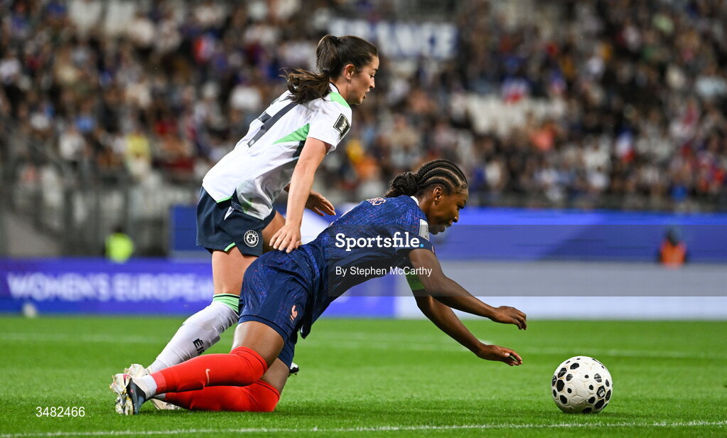 9 June 2026; Grace Geyoro of France in action against Marissa Sheva of Republic of Ireland during the 2027 FIFA Women’s World Cup Qualifier match between France and Republic of Ireland at Stade des Alpes in Grenoble, France. Photo by Stephen McCarthy/Sportsfile
