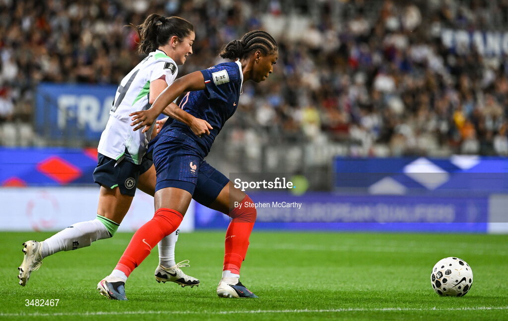 9 June 2026; Grace Geyoro of France in action against Marissa Sheva of Republic of Ireland during the 2027 FIFA Women’s World Cup Qualifier match between France and Republic of Ireland at Stade des Alpes in Grenoble, France. Photo by Stephen McCarthy/Sportsfile