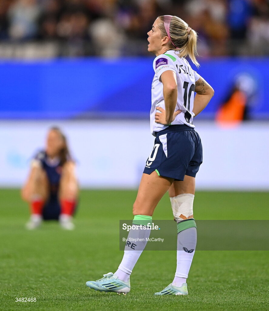 9 June 2026; Denise O'Sullivan of Republic of Ireland reacts after the 2027 FIFA Women’s World Cup Qualifier match between France and Republic of Ireland at Stade des Alpes in Grenoble, France. Photo by Stephen McCarthy/Sportsfile