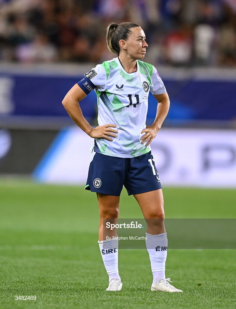 9 June 2026; Katie McCabe of Republic of Ireland reacts after the 2027 FIFA Women’s World Cup Qualifier match between France and Republic of Ireland at Stade des Alpes in Grenoble, France. Photo by Stephen McCarthy/Sportsfile