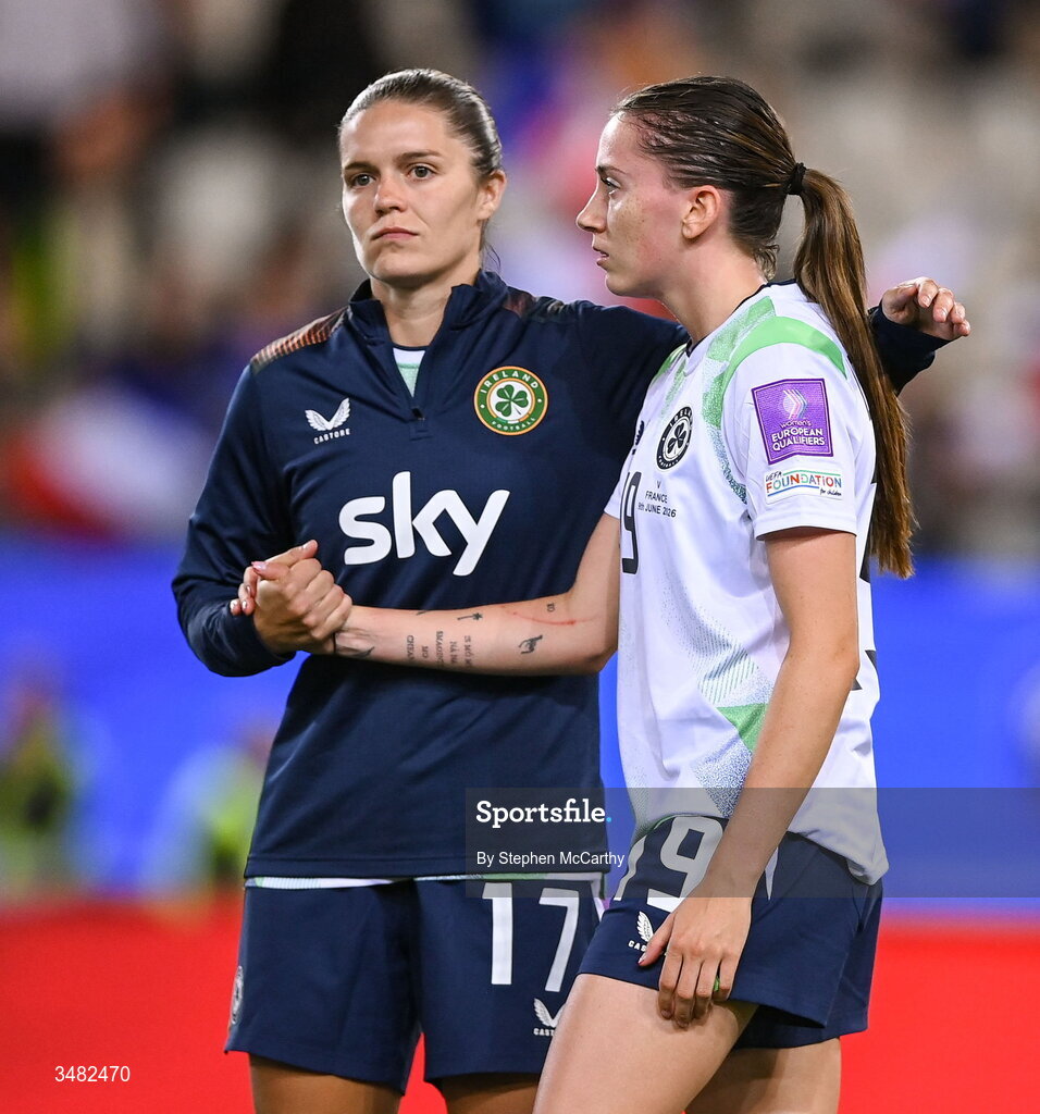 9 June 2026; Jamie Finn and Abbie Larkin of Republic of Ireland react after the 2027 FIFA Women’s World Cup Qualifier match between France and Republic of Ireland at Stade des Alpes in Grenoble, France. Photo by Stephen McCarthy/Sportsfile
