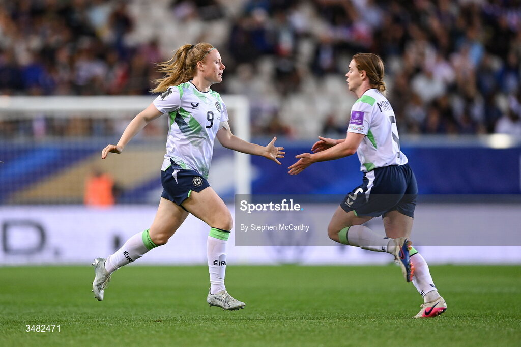 9 June 2026; Amber Barrett of Republic of Ireland comes onto the pitch during a second half substitution to replace Aoife Mannion during the 2027 FIFA Women’s World Cup Qualifier match between France and Republic of Ireland at Stade des Alpes in Grenoble, France. Photo by Stephen McCarthy/Sportsfile
