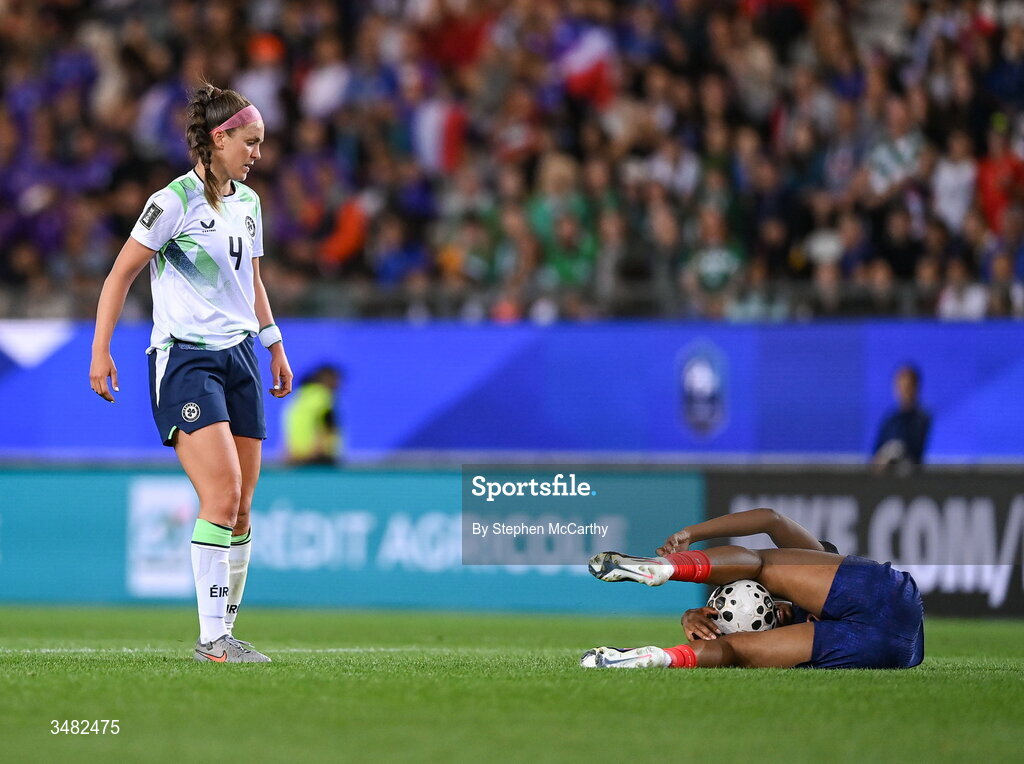 9 June 2026; Caitlin Hayes of Republic of Ireland and Marie-Antoinette Katoto of France during the 2027 FIFA Women’s World Cup Qualifier match between France and Republic of Ireland at Stade des Alpes in Grenoble, France. Photo by Stephen McCarthy/Sportsfile