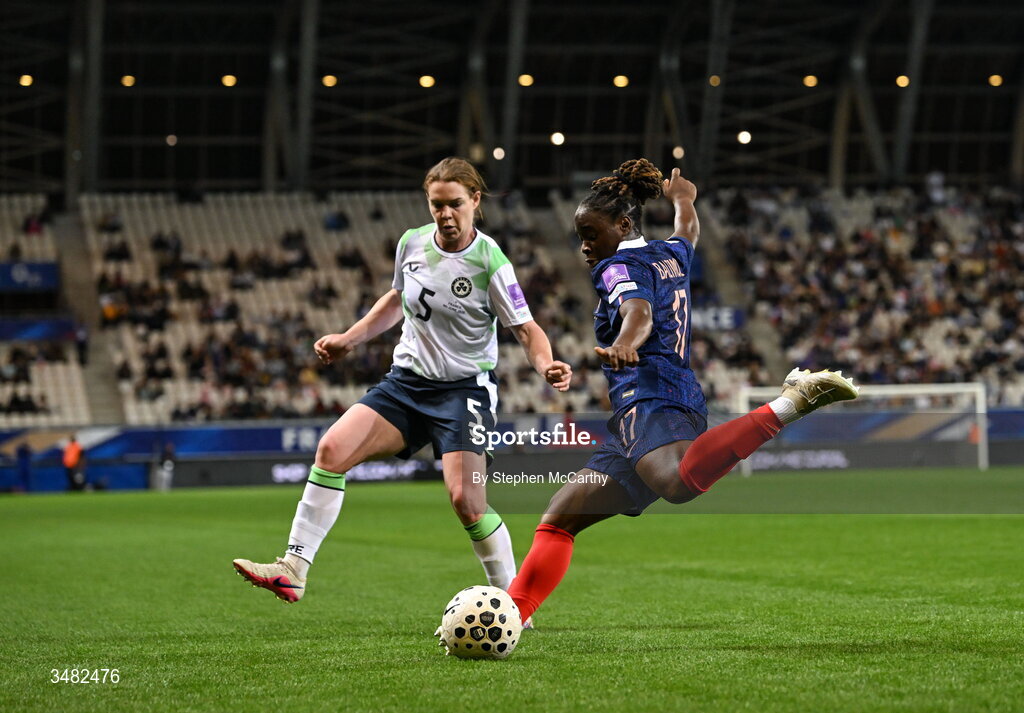 9 June 2026; Sandy Baltimore of France in action against Aoife Mannion of Republic of Ireland during the 2027 FIFA Women’s World Cup Qualifier match between France and Republic of Ireland at Stade des Alpes in Grenoble, France. Photo by Stephen McCarthy/Sportsfile