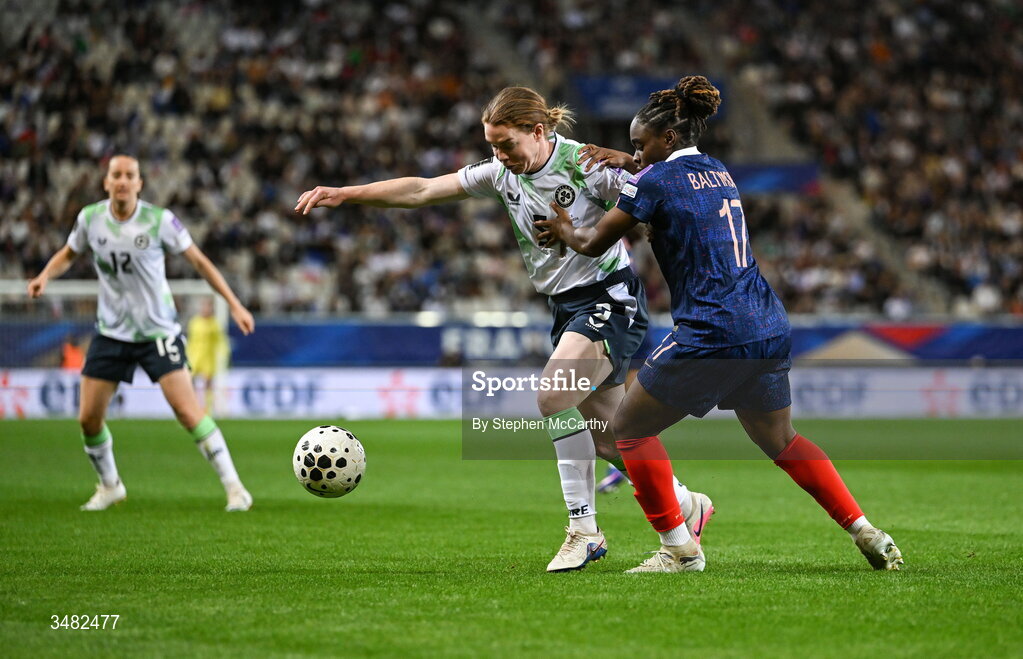 9 June 2026; Aoife Mannion of Republic of Ireland in action against Sandy Baltimore of France during the 2027 FIFA Women’s World Cup Qualifier match between France and Republic of Ireland at Stade des Alpes in Grenoble, France. Photo by Stephen McCarthy/Sportsfile
