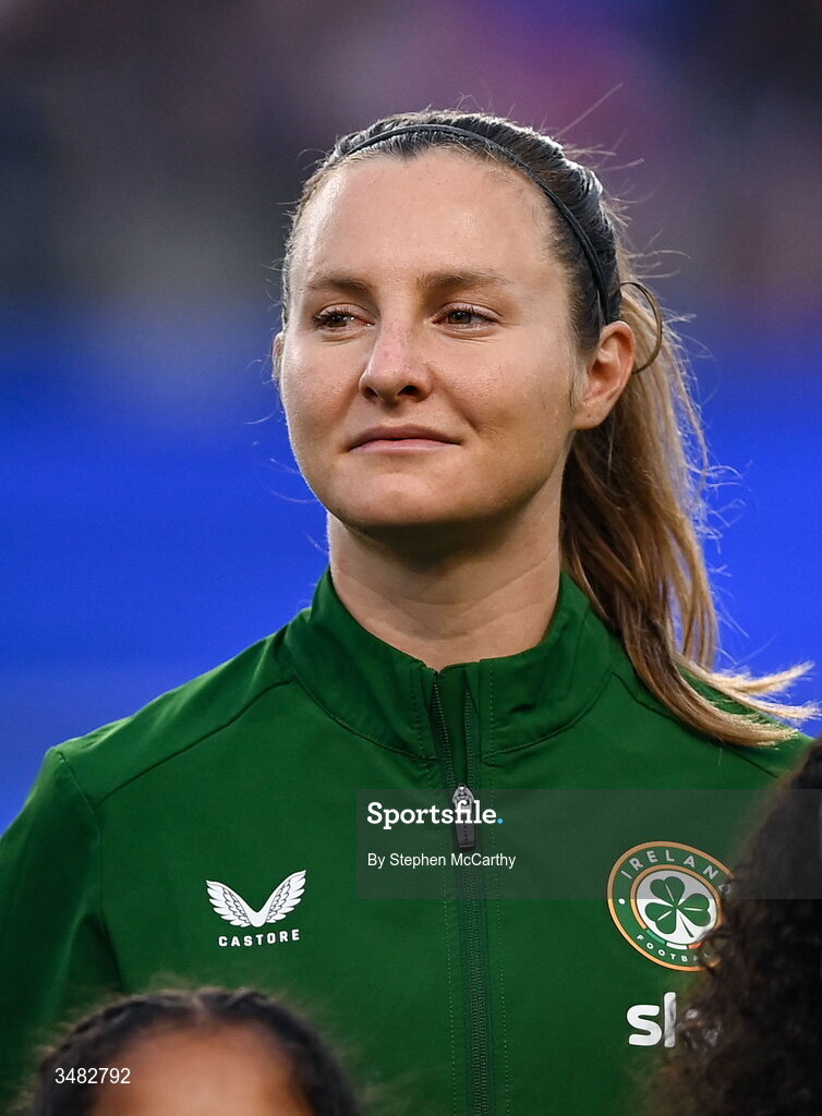 9 June 2026; Kyra Carusa of Republic of Ireland before the 2027 FIFA Women’s World Cup Qualifier match between France and Republic of Ireland at Stade des Alpes in Grenoble, France. Photo by Stephen McCarthy/Sportsfile