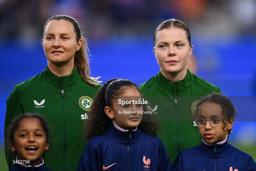 9 June 2026; Kyra Carusa and Emily Murphy, right, of Republic of Ireland before the 2027 FIFA Women’s World Cup Qualifier match between France and Republic of Ireland at Stade des Alpes in Grenoble, France. Photo by Stephen McCarthy/Sportsfile