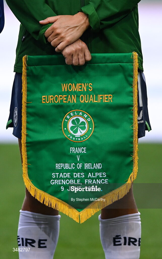 9 June 2026; The Republic of Ireland match pennant before the 2027 FIFA Women’s World Cup Qualifier match between France and Republic of Ireland at Stade des Alpes in Grenoble, France. Photo by Stephen McCarthy/Sportsfile
