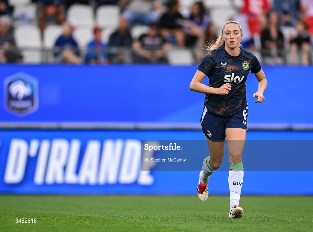 9 June 2026; Megan Connolly of Republic of Ireland warms up before the 2027 FIFA Women’s World Cup Qualifier match between France and Republic of Ireland at Stade des Alpes in Grenoble, France. Photo by Stephen McCarthy/Sportsfile