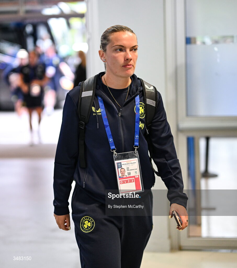 9 June 2026; Saoirse Noonan of Republic of Ireland arrives for the 2027 FIFA Women’s World Cup Qualifier match between France and Republic of Ireland at Stade des Alpes in Grenoble, France. Photo by Stephen McCarthy/Sportsfile
