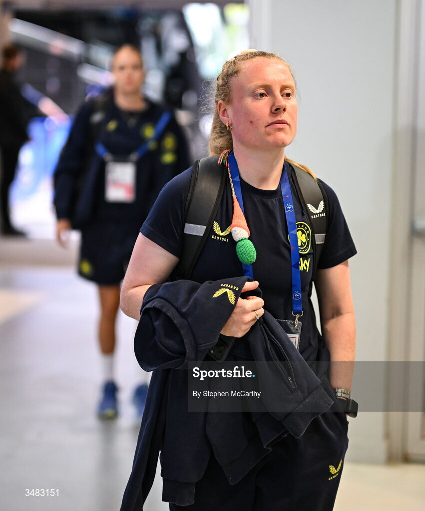 9 June 2026; Amber Barrett of Republic of Ireland arrives for the 2027 FIFA Women’s World Cup Qualifier match between France and Republic of Ireland at Stade des Alpes in Grenoble, France. Photo by Stephen McCarthy/Sportsfile