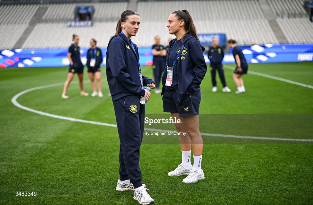 9 June 2026; Abbie Larkin, left, and Jess Ziu of Republic of Ireland before the 2027 FIFA Women’s World Cup Qualifier match between France and Republic of Ireland at Stade des Alpes in Grenoble, France. Photo by Stephen McCarthy/Sportsfile