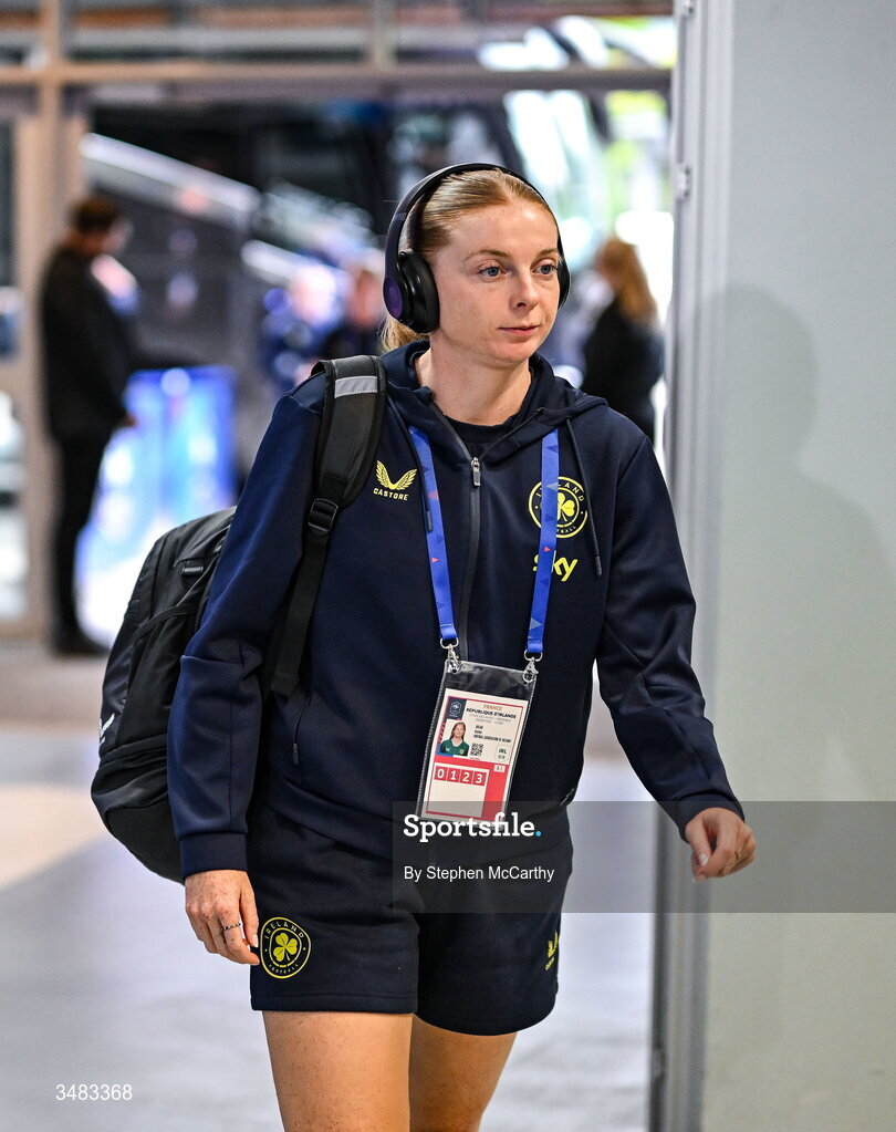 9 June 2026; Hayley Nolan of Republic of Ireland arrives for the 2027 FIFA Women’s World Cup Qualifier match between France and Republic of Ireland at Stade des Alpes in Grenoble, France. Photo by Stephen McCarthy/Sportsfile