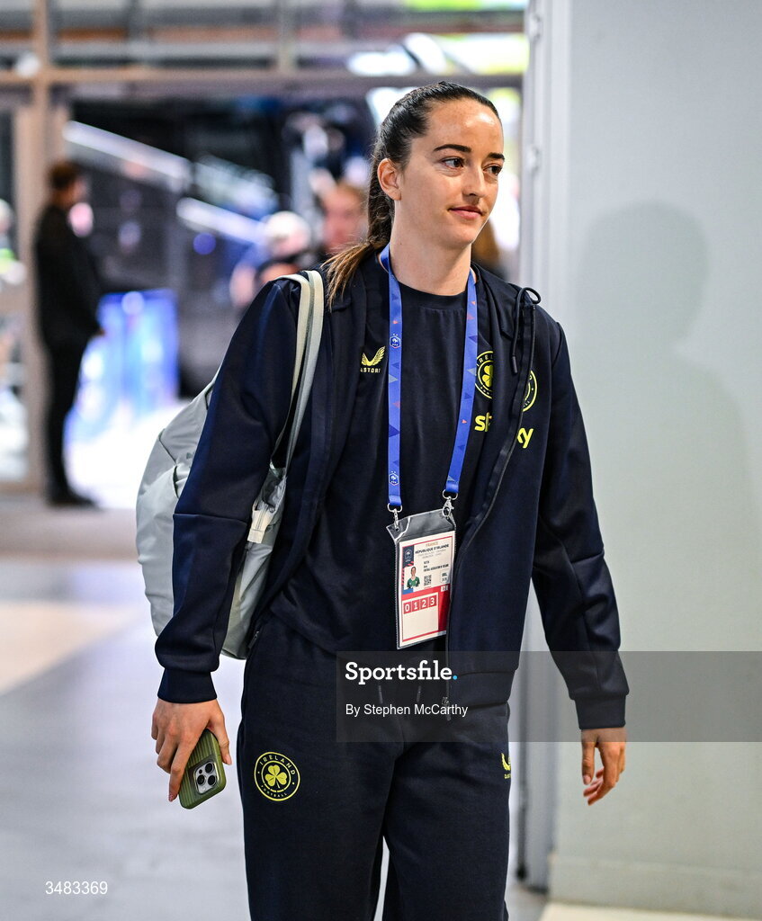 9 June 2026; Anna Patten of Republic of Ireland arrives for the 2027 FIFA Women’s World Cup Qualifier match between France and Republic of Ireland at Stade des Alpes in Grenoble, France. Photo by Stephen McCarthy/Sportsfile