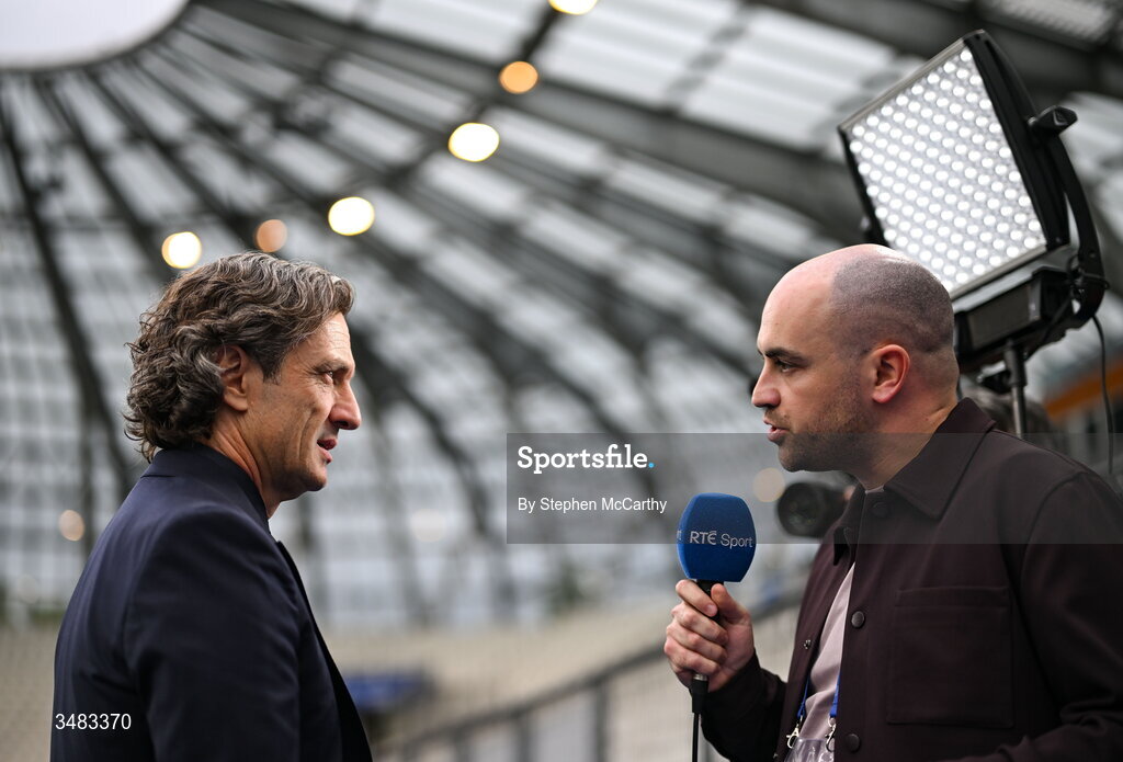 9 June 2026; France head coach Laurent Bonadei is interviewed by RTÉ's Shane Dawson before the 2027 FIFA Women’s World Cup Qualifier match between France and Republic of Ireland at Stade des Alpes in Grenoble, France. Photo by Stephen McCarthy/Sportsfile