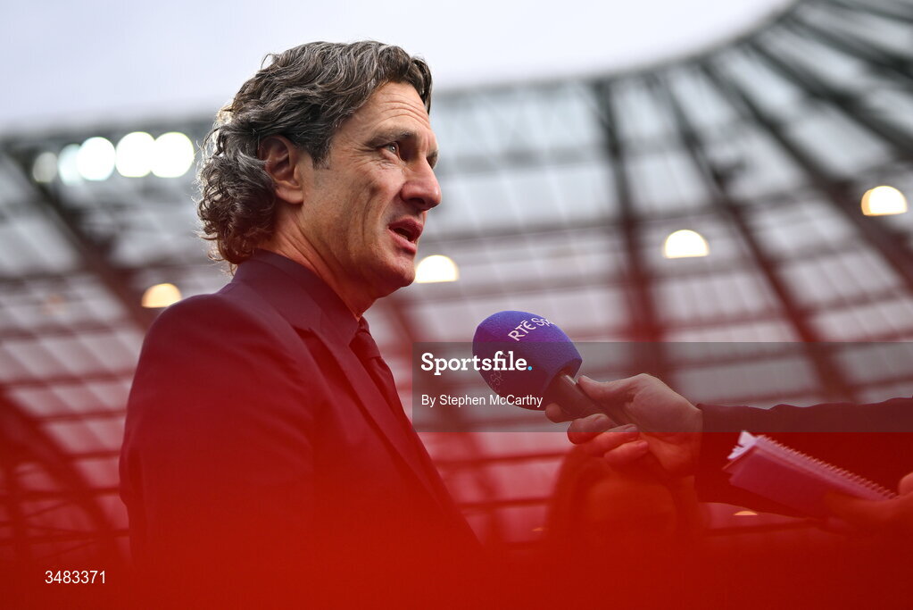 9 June 2026; France head coach Laurent Bonadei speaks to RTÉ before the 2027 FIFA Women’s World Cup Qualifier match between France and Republic of Ireland at Stade des Alpes in Grenoble, France. Photo by Stephen McCarthy/Sportsfile