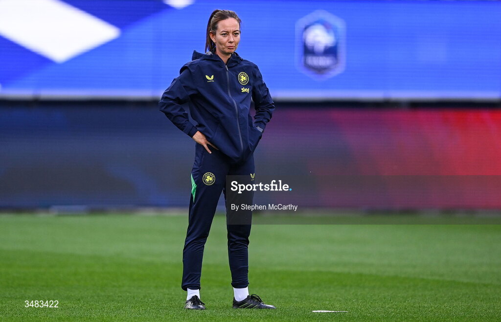 9 June 2026; Republic of Ireland assistant coach Amber Whiteley before the 2027 FIFA Women’s World Cup Qualifier match between France and Republic of Ireland at Stade des Alpes in Grenoble, France. Photo by Stephen McCarthy/Sportsfile
