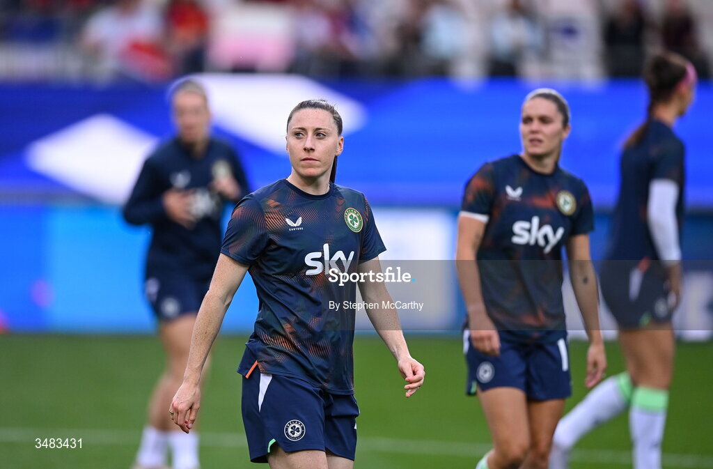 9 June 2026; Lucy Quinn of Republic of Ireland before the 2027 FIFA Women’s World Cup Qualifier match between France and Republic of Ireland at Stade des Alpes in Grenoble, France. Photo by Stephen McCarthy/Sportsfile