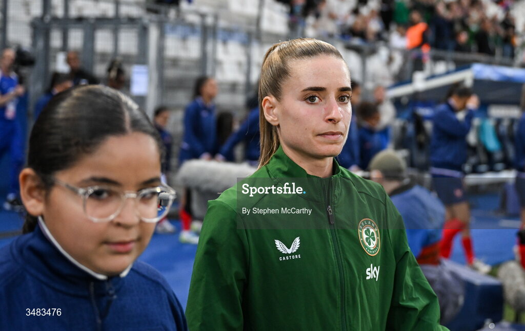 9 June 2026; Chloe Mustaki of Republic of Ireland before the 2027 FIFA Women’s World Cup Qualifier match between France and Republic of Ireland at Stade des Alpes in Grenoble, France. Photo by Stephen McCarthy/Sportsfile