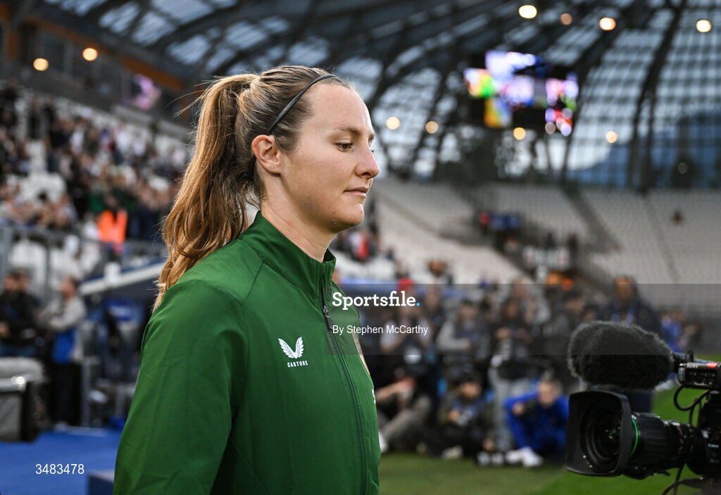9 June 2026; Kyra Carusa of Republic of Ireland before the 2027 FIFA Women’s World Cup Qualifier match between France and Republic of Ireland at Stade des Alpes in Grenoble, France. Photo by Stephen McCarthy/Sportsfile