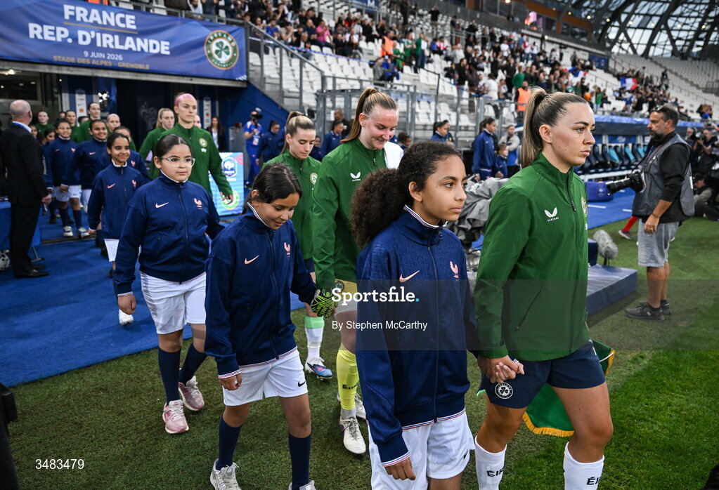 9 June 2026; Katie McCabe of Republic of Ireland before the 2027 FIFA Women’s World Cup Qualifier match between France and Republic of Ireland at Stade des Alpes in Grenoble, France. Photo by Stephen McCarthy/Sportsfile