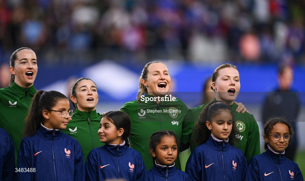 9 June 2026; Republic of Ireland players, from left, Anna Patten, Marissa Sheva, Kyra Carusa and Emily Murphy before the 2027 FIFA Women’s World Cup Qualifier match between France and Republic of Ireland at Stade des Alpes in Grenoble, France. Photo by Stephen McCarthy/Sportsfile