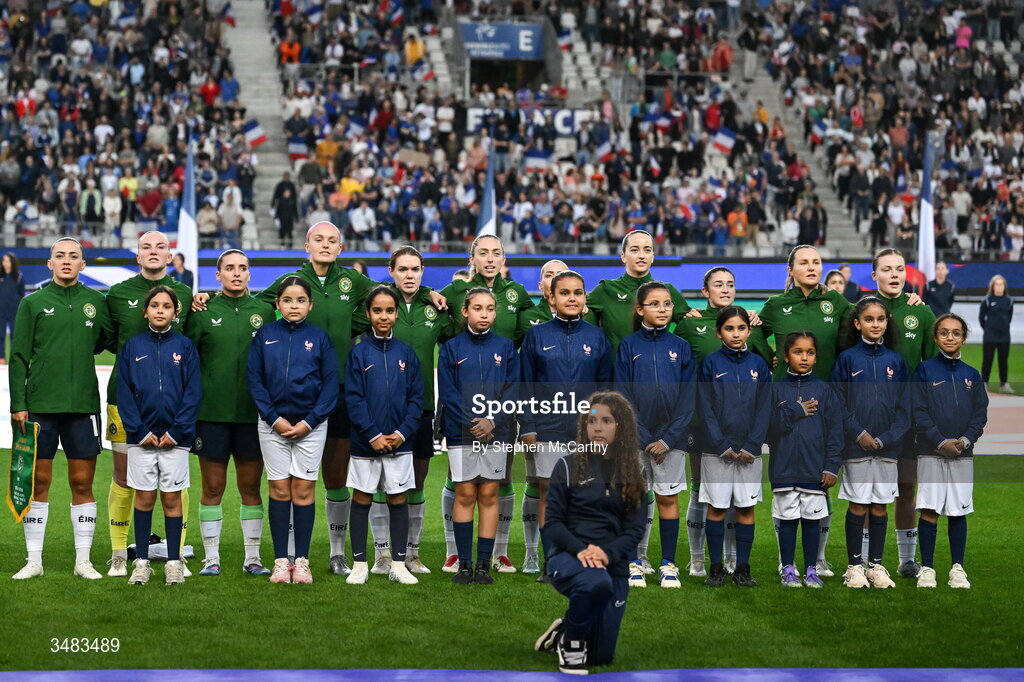 9 June 2026; Republic of Ireland players, from left, Katie McCabe, goalkeeper Courtney Brosnan, Chloe Mustaki, Caitlin Hayes, Aoife Mannion, Megan Connolly, Denise O’Sullivan, Anna Patten, Marissa Sheva, Kyra Carusa and Emily Murphy before the 2027 FIFA Women’s World Cup Qualifier match between France and Republic of Ireland at Stade des Alpes in Grenoble, France. Photo by Stephen McCarthy/Sportsfile