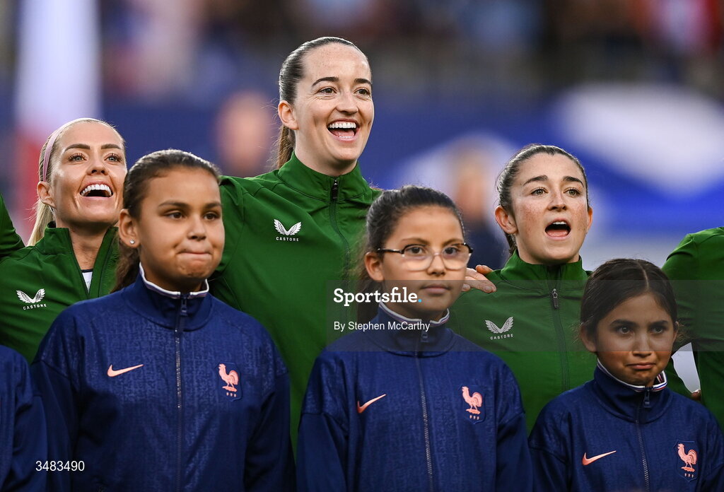 9 June 2026; Republic of Ireland players, from left, Denise O’Sullivan, Anna Patten and Marissa Sheva before the 2027 FIFA Women’s World Cup Qualifier match between France and Republic of Ireland at Stade des Alpes in Grenoble, France. Photo by Stephen McCarthy/Sportsfile