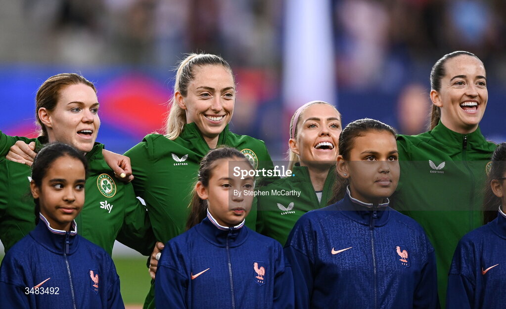 9 June 2026; Republic of Ireland players, from left, Aoife Mannion, Megan Connolly, Denise O’Sullivan and Anna Patten before the 2027 FIFA Women’s World Cup Qualifier match between France and Republic of Ireland at Stade des Alpes in Grenoble, France. Photo by Stephen McCarthy/Sportsfile