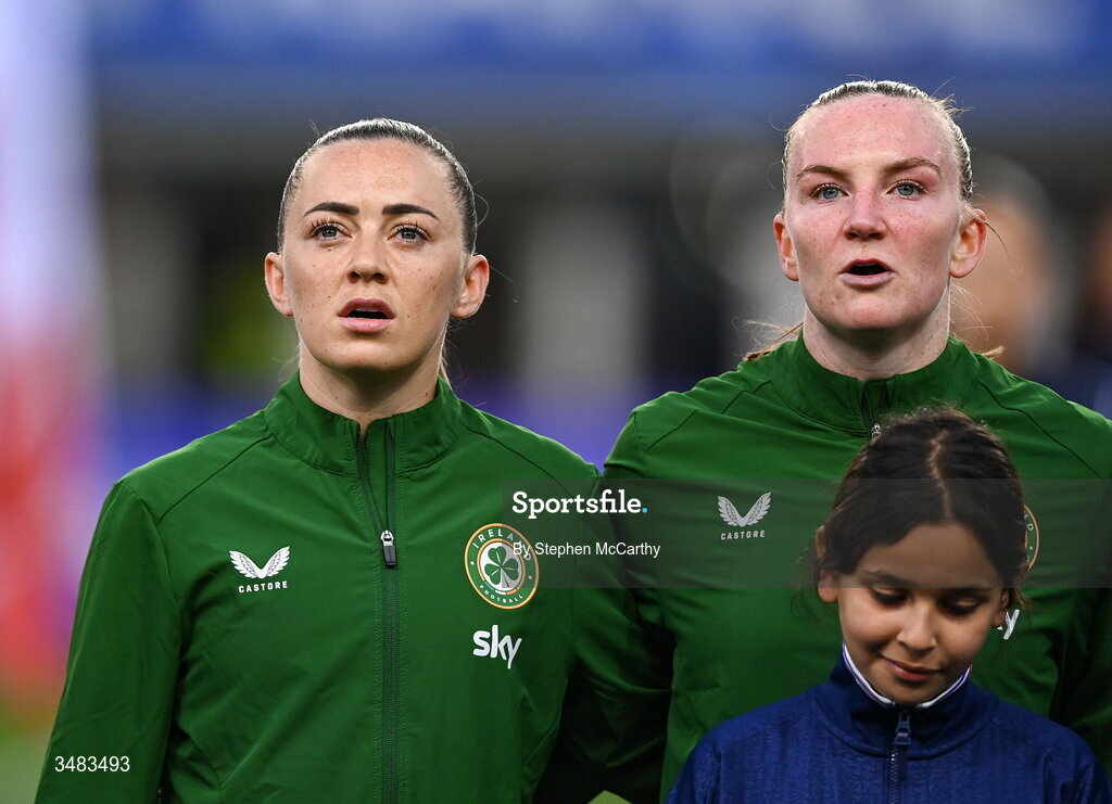 9 June 2026; Republic of Ireland's Katie McCabe and goalkeeper Courtney Brosnan, right, before the 2027 FIFA Women’s World Cup Qualifier match between France and Republic of Ireland at Stade des Alpes in Grenoble, France. Photo by Stephen McCarthy/Sportsfile