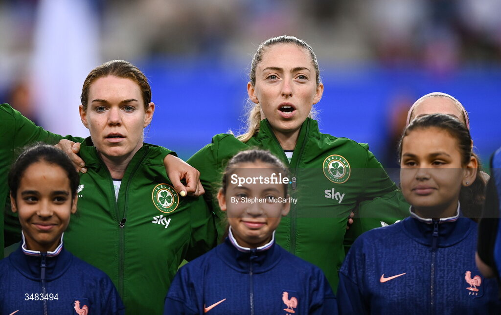 9 June 2026; Republic of Ireland players, from left, Aoife Mannion, Megan Connolly and Denise O’Sullivan, hidden, before the 2027 FIFA Women’s World Cup Qualifier match between France and Republic of Ireland at Stade des Alpes in Grenoble, France. Photo by Stephen McCarthy/Sportsfile