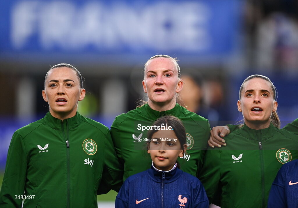 9 June 2026; Republic of Ireland players, from left, Katie McCabe, goalkeeper Courtney Brosnan and Chloe Mustaki before the 2027 FIFA Women’s World Cup Qualifier match between France and Republic of Ireland at Stade des Alpes in Grenoble, France. Photo by Stephen McCarthy/Sportsfile