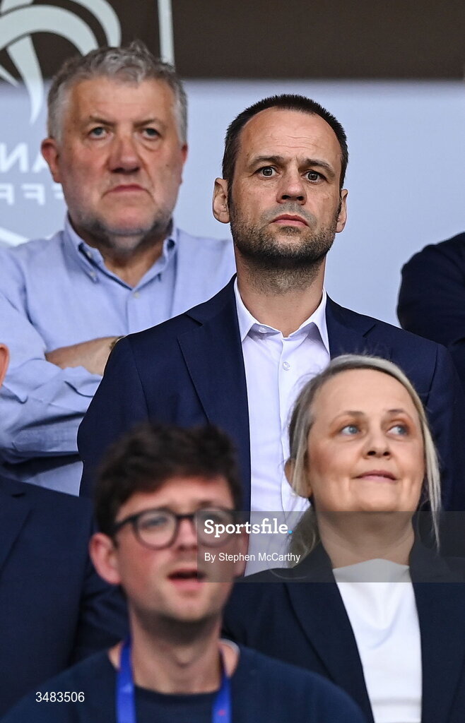 9 June 2026; FAI director of football John Martin with FAI President Paul Cooke, top and FAI head of womens and girls' football Lizzy Kent, bottom, before the 2027 FIFA Women’s World Cup Qualifier match between France and Republic of Ireland at Stade des Alpes in Grenoble, France. Photo by Stephen McCarthy/Sportsfile