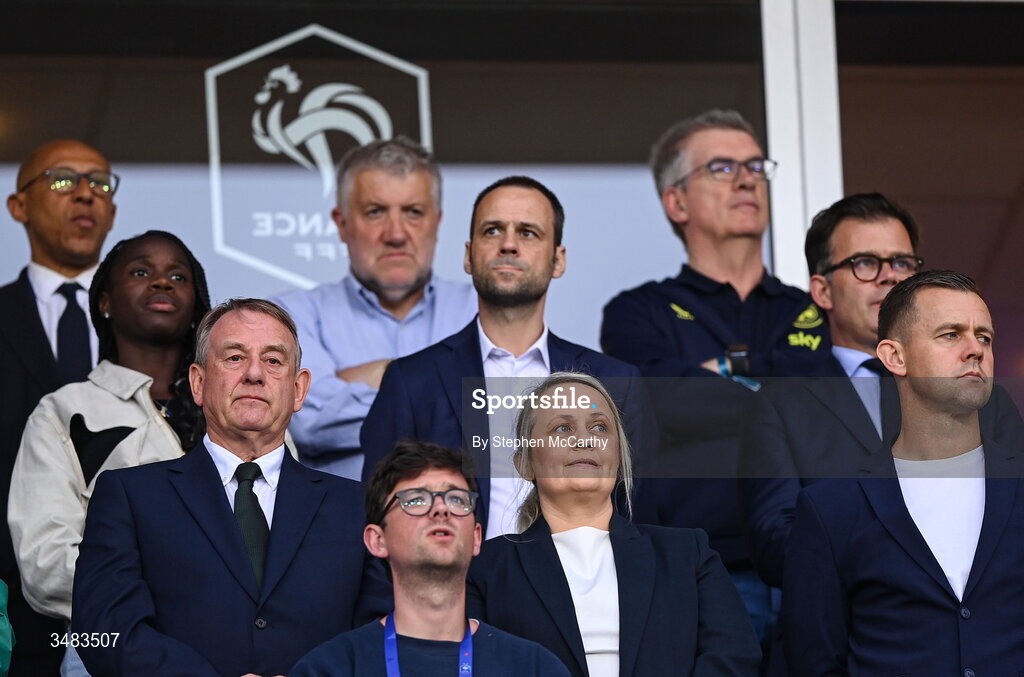 9 June 2026; Members of the FAI delegaton, front row, from left, FAI board member Nixon Morton, FAI head of womens and girls' football Lizzy Kent and FAI technical director Shane Robinson, also included are FAI director of football John Martin, FAI President Paul Cooke, FAI chairperson Tony Keohane and French Football Federation president Philippe Diallo before the 2027 FIFA Women’s World Cup Qualifier match between France and Republic of Ireland at Stade des Alpes in Grenoble, France. Photo by Stephen McCarthy/Sportsfile