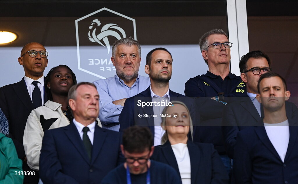 9 June 2026; FAI President Paul Cooke with French Football Federatin President Philippe Diallo, back row left, FAI chairperson Tony Keohane, back row right, FAI director of football John Martin, FAI board member Nixon Morton, FAI head of womens and girls' football Lizzy Kent and FAI technical director Shane Robinson before the 2027 FIFA Women’s World Cup Qualifier match between France and Republic of Ireland at Stade des Alpes in Grenoble, France. Photo by Stephen McCarthy/Sportsfile