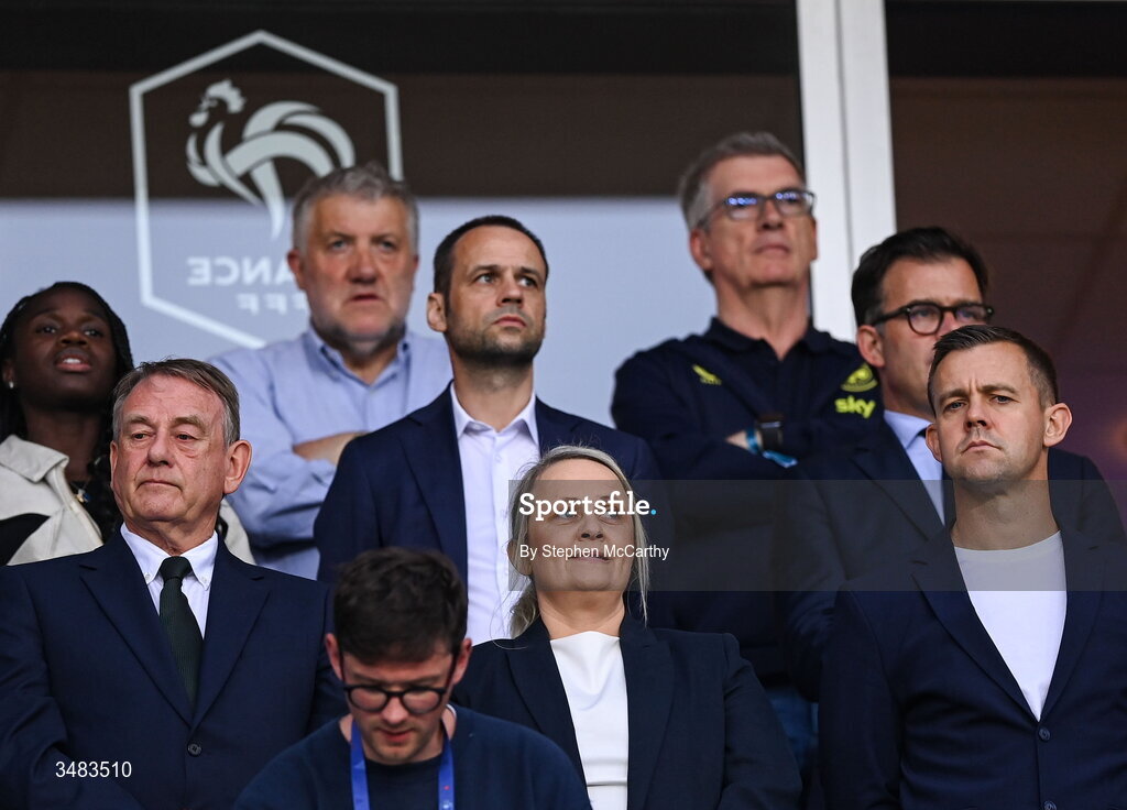 9 June 2026; Members of the FAI delegation, from left, FAI board member Nixon Morton, FAI President Paul Cooke, FAI director of football John Martin, FAI head of womens and girls' football Lizzy Kent, FAI chairperson Tony Keohane and FAI technical director Shane Robinson before the 2027 FIFA Women’s World Cup Qualifier match between France and Republic of Ireland at Stade des Alpes in Grenoble, France. Photo by Stephen McCarthy/Sportsfile