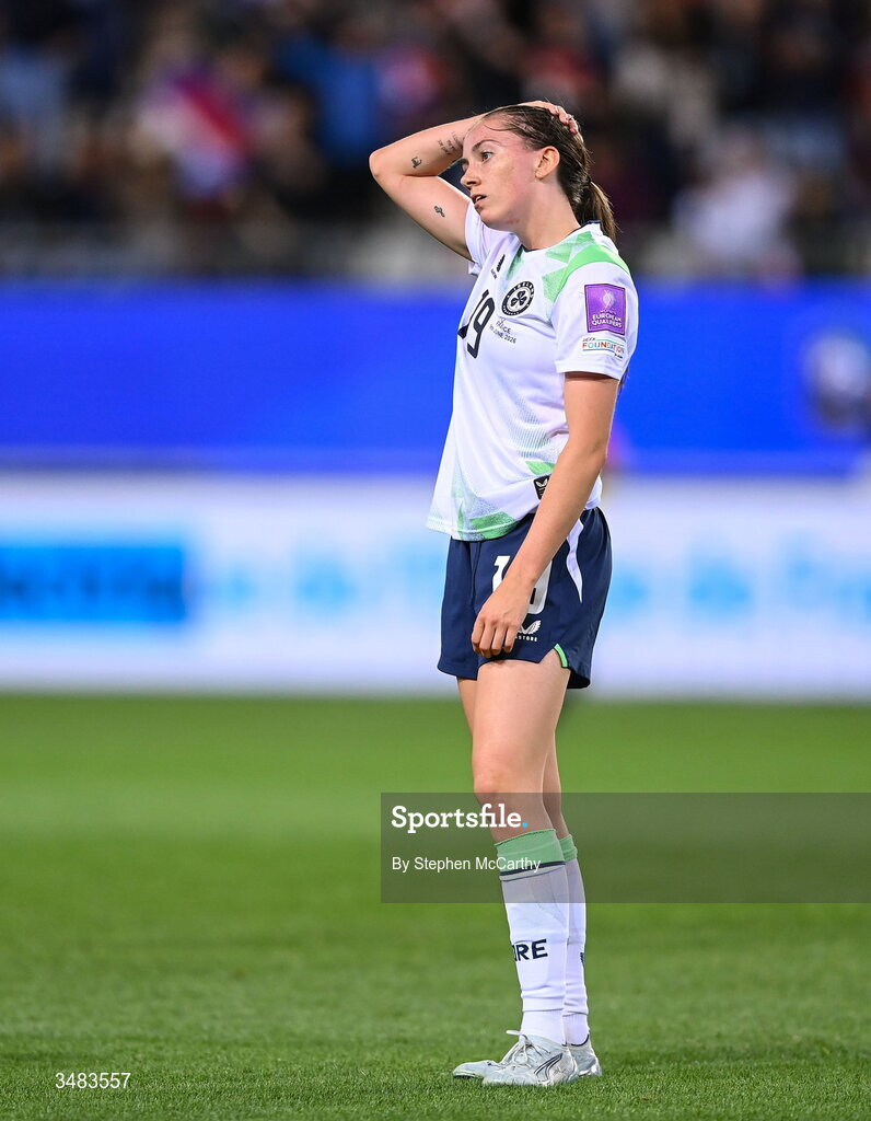 9 June 2026; Abbie Larkin of Republic of Ireland following her side's defeat the 2027 FIFA Women’s World Cup Qualifier match between France and Republic of Ireland at Stade des Alpes in Grenoble, France. Photo by Stephen McCarthy/Sportsfile