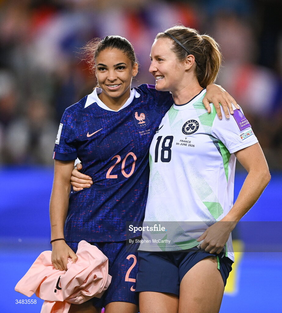 9 June 2026; Delphine Cascarino of France and Kyra Carusa of Republic of Ireland after the 2027 FIFA Women’s World Cup Qualifier match between France and Republic of Ireland at Stade des Alpes in Grenoble, France. Photo by Stephen McCarthy/Sportsfile