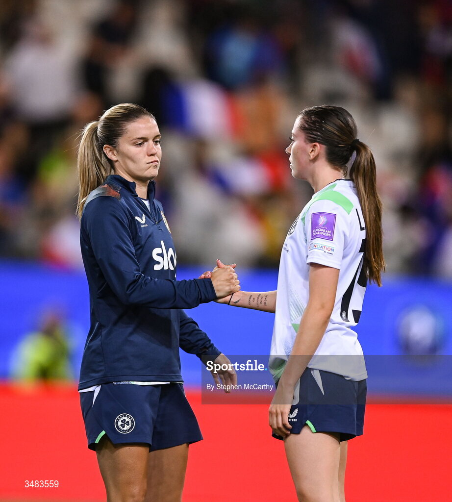 9 June 2026; Jamie Finn, left, and Abbie Larkin of Republic of Irelad after the 2027 FIFA Women’s World Cup Qualifier match between France and Republic of Ireland at Stade des Alpes in Grenoble, France. Photo by Stephen McCarthy/Sportsfile