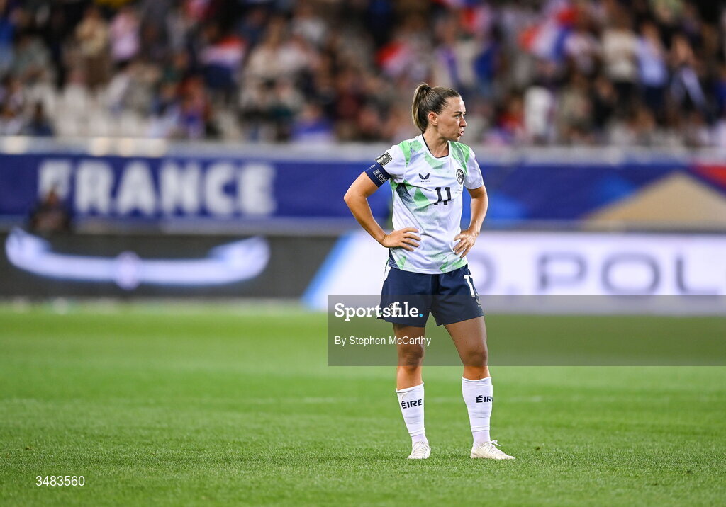 9 June 2026; Katie McCabe of Republic of Ireland following her side's defeat the 2027 FIFA Women’s World Cup Qualifier match between France and Republic of Ireland at Stade des Alpes in Grenoble, France. Photo by Stephen McCarthy/Sportsfile
