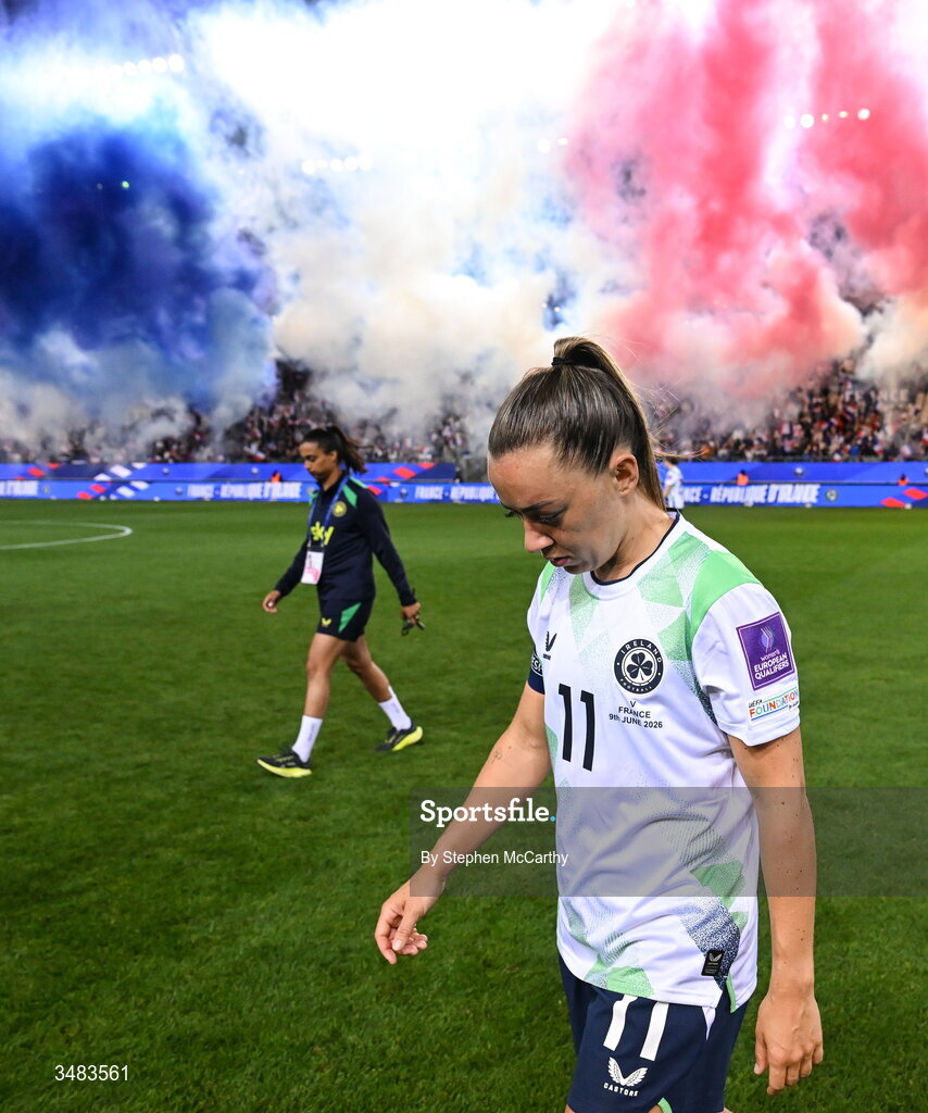 9 June 2026; A dejected Katie McCabe of Republic of Ireland leaves the pitch after her side's loss in the 2027 FIFA Women’s World Cup Qualifier match between France and Republic of Ireland at Stade des Alpes in Grenoble, France. Photo by Stephen McCarthy/Sportsfile