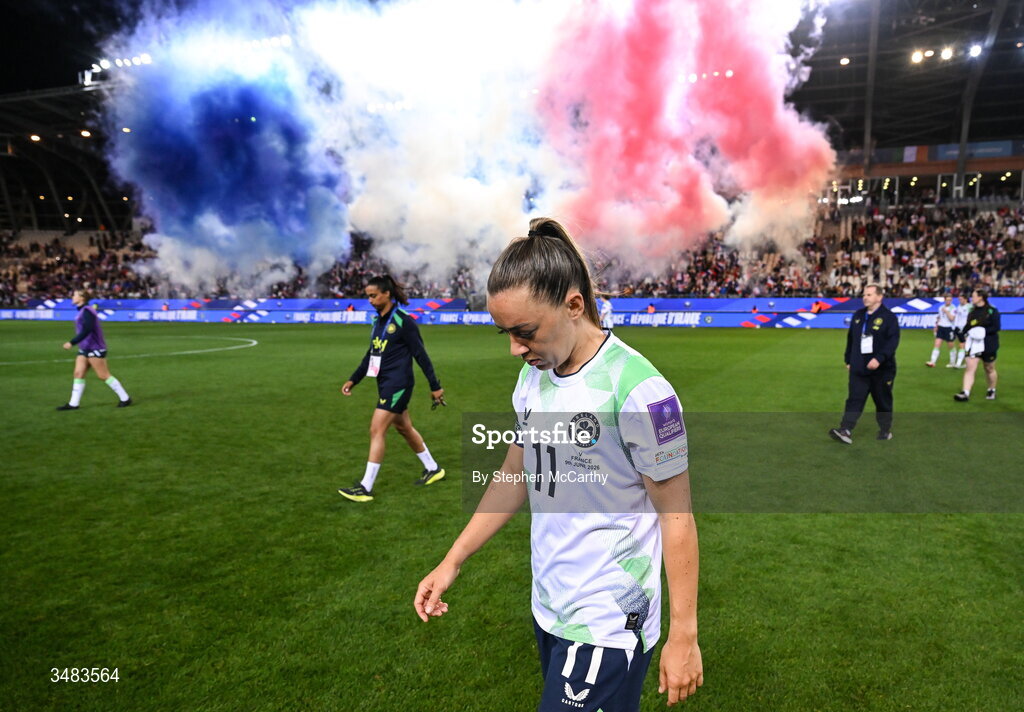 9 June 2026; A dejected Katie McCabe of Republic of Ireland leaves the pitch after her side's loss in the 2027 FIFA Women’s World Cup Qualifier match between France and Republic of Ireland at Stade des Alpes in Grenoble, France. Photo by Stephen McCarthy/Sportsfile