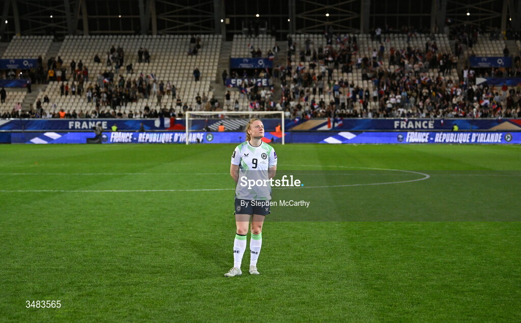 9 June 2026; Amber Barrett of Republic of Ireland reacts after the 2027 FIFA Women’s World Cup Qualifier match between France and Republic of Ireland at Stade des Alpes in Grenoble, France.  Photo by Stephen McCarthy/Sportsfile