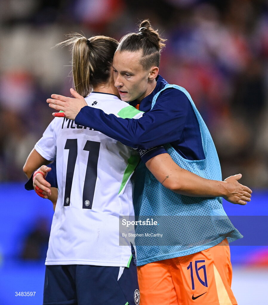 9 June 2026; France goalkeeper Pauline Peyraud-Magnin and Katie McCabe of Republic of Ireland after the 2027 FIFA Women’s World Cup Qualifier match between France and Republic of Ireland at Stade des Alpes in Grenoble, France. Photo by Stephen McCarthy/Sportsfile
