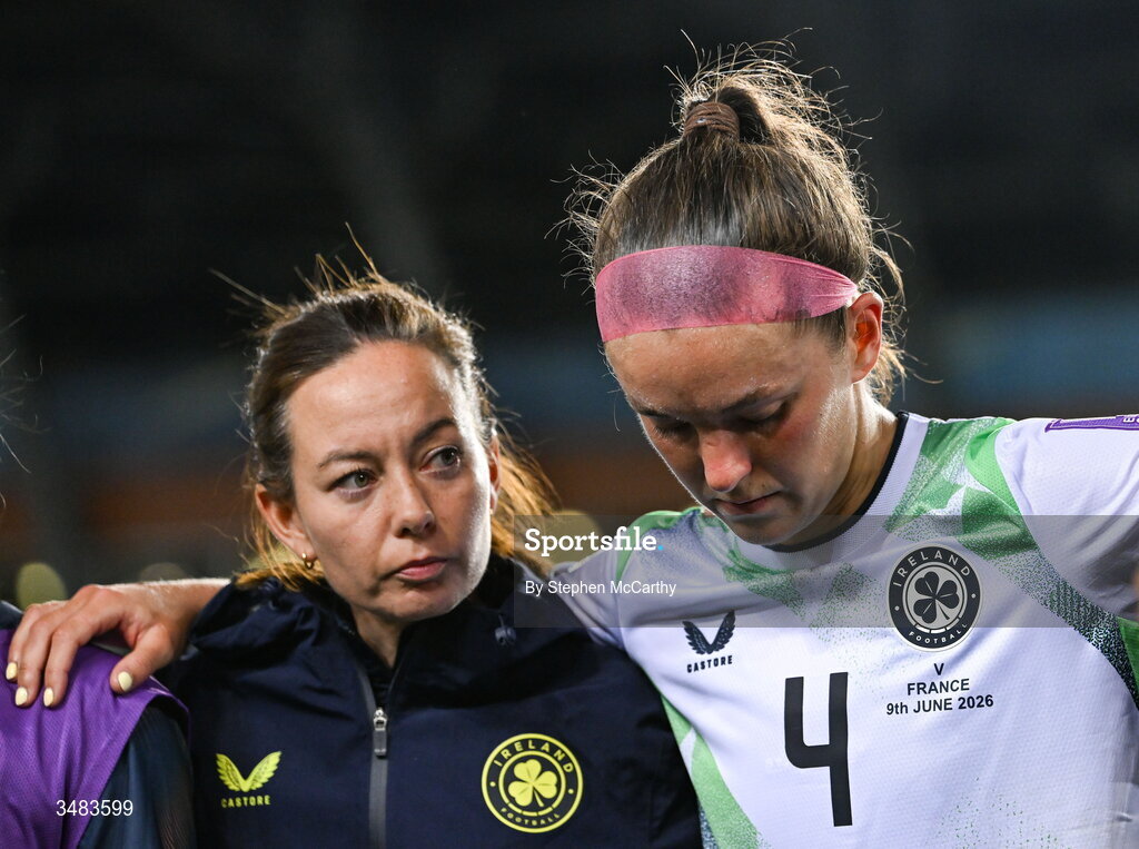 9 June 2026; Republic of Ireland's Caitlin Hayes and assistant coach Amber Whiteley after the 2027 FIFA Women’s World Cup Qualifier match between France and Republic of Ireland at Stade des Alpes in Grenoble, France. Photo by Stephen McCarthy/Sportsfile
