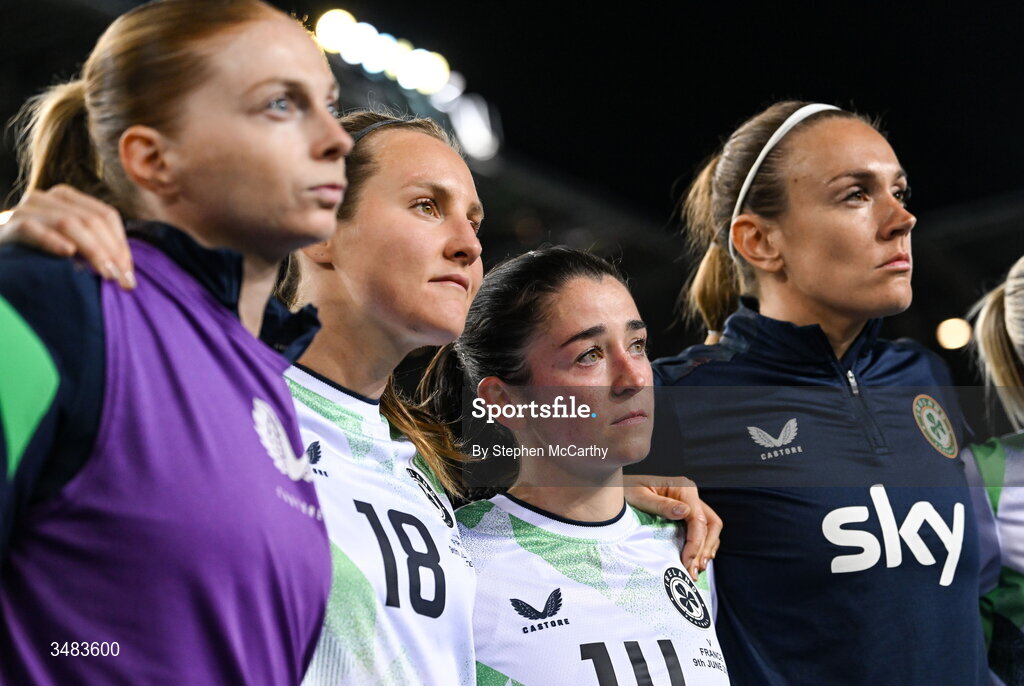 9 June 2026; Republic of Ireland players, from left, Hayley Nolan, Kyra Carusa, Marissa Sheva and goalkeeper Grace Moloney after the 2027 FIFA Women’s World Cup Qualifier match between France and Republic of Ireland at Stade des Alpes in Grenoble, France. Photo by Stephen McCarthy/Sportsfile
