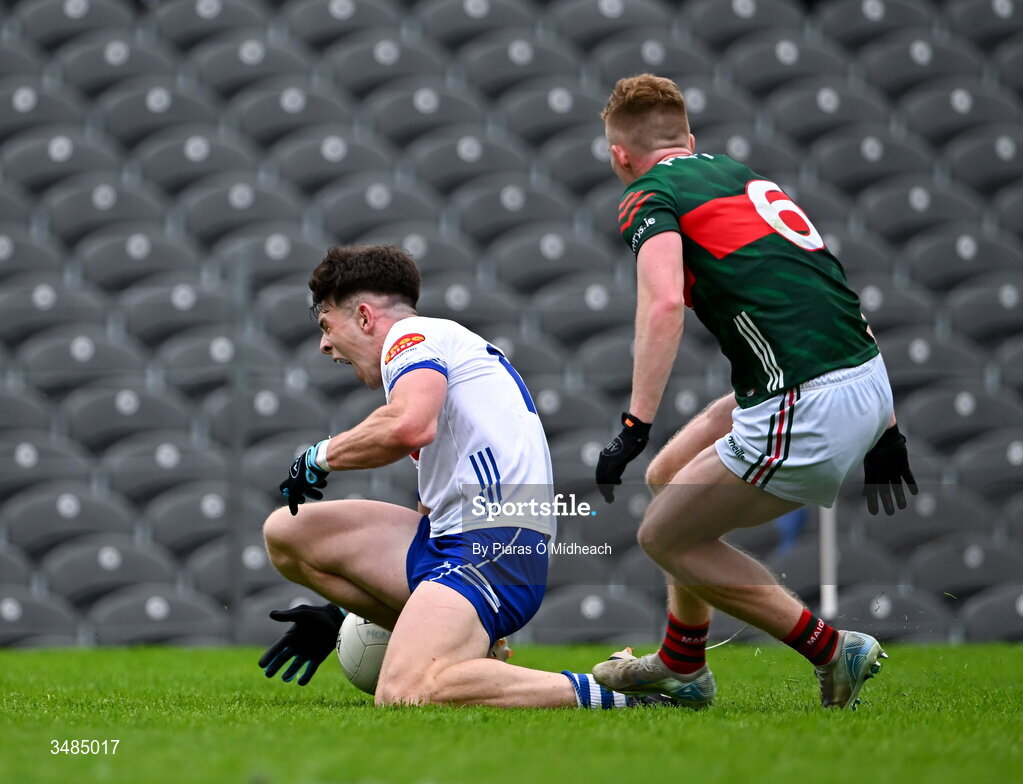 31 May 2026; Bobby McCaul of Monaghan goes down with an injury during the GAA Football All-Ireland Senior Championship Round 1 match between Monaghan and Mayo at St Tiernach's Park in Clones, Monaghan. Photo by Piaras Ó Mídheach/Sportsfile