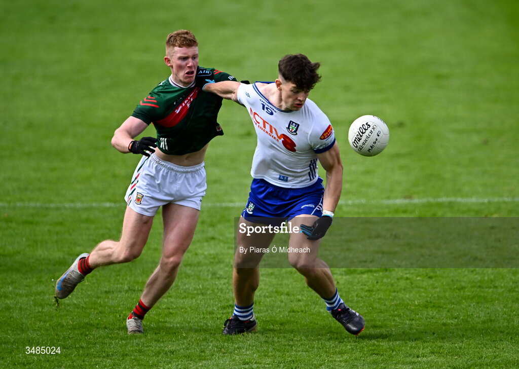 31 May 2026; Bobby McCaul of Monaghan in action against David McBrien of Mayo during the GAA Football All-Ireland Senior Championship Round 1 match between Monaghan and Mayo at St Tiernach's Park in Clones, Monaghan. Photo by Piaras Ó Mídheach/Sportsfile