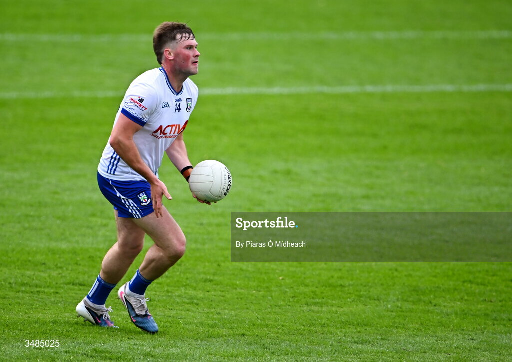 31 May 2026; Andrew Woods of Monaghan during the GAA Football All-Ireland Senior Championship Round 1 match between Monaghan and Mayo at St Tiernach's Park in Clones, Monaghan. Photo by Piaras Ó Mídheach/Sportsfile