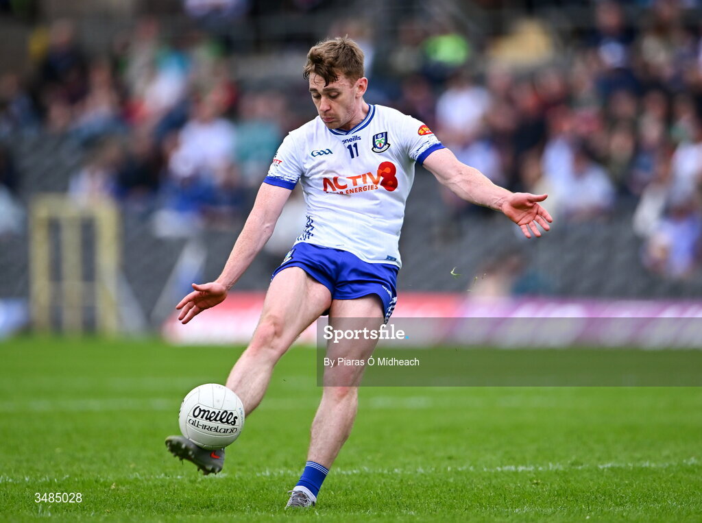 31 May 2026; Míchéal Bannigan of Monaghan during the GAA Football All-Ireland Senior Championship Round 1 match between Monaghan and Mayo at St Tiernach's Park in Clones, Monaghan. Photo by Piaras Ó Mídheach/Sportsfile